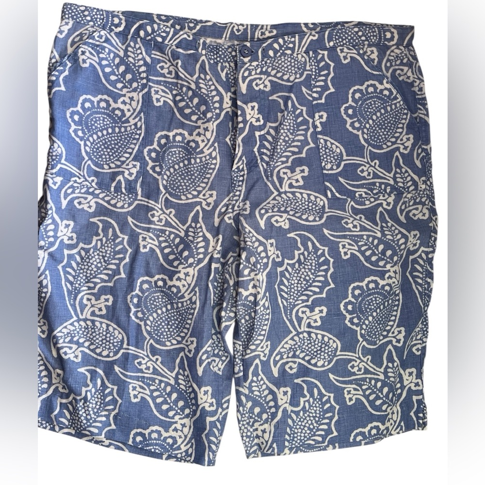 Lands End 100% Linen Blue White Floral Paisley Shorts Size 14